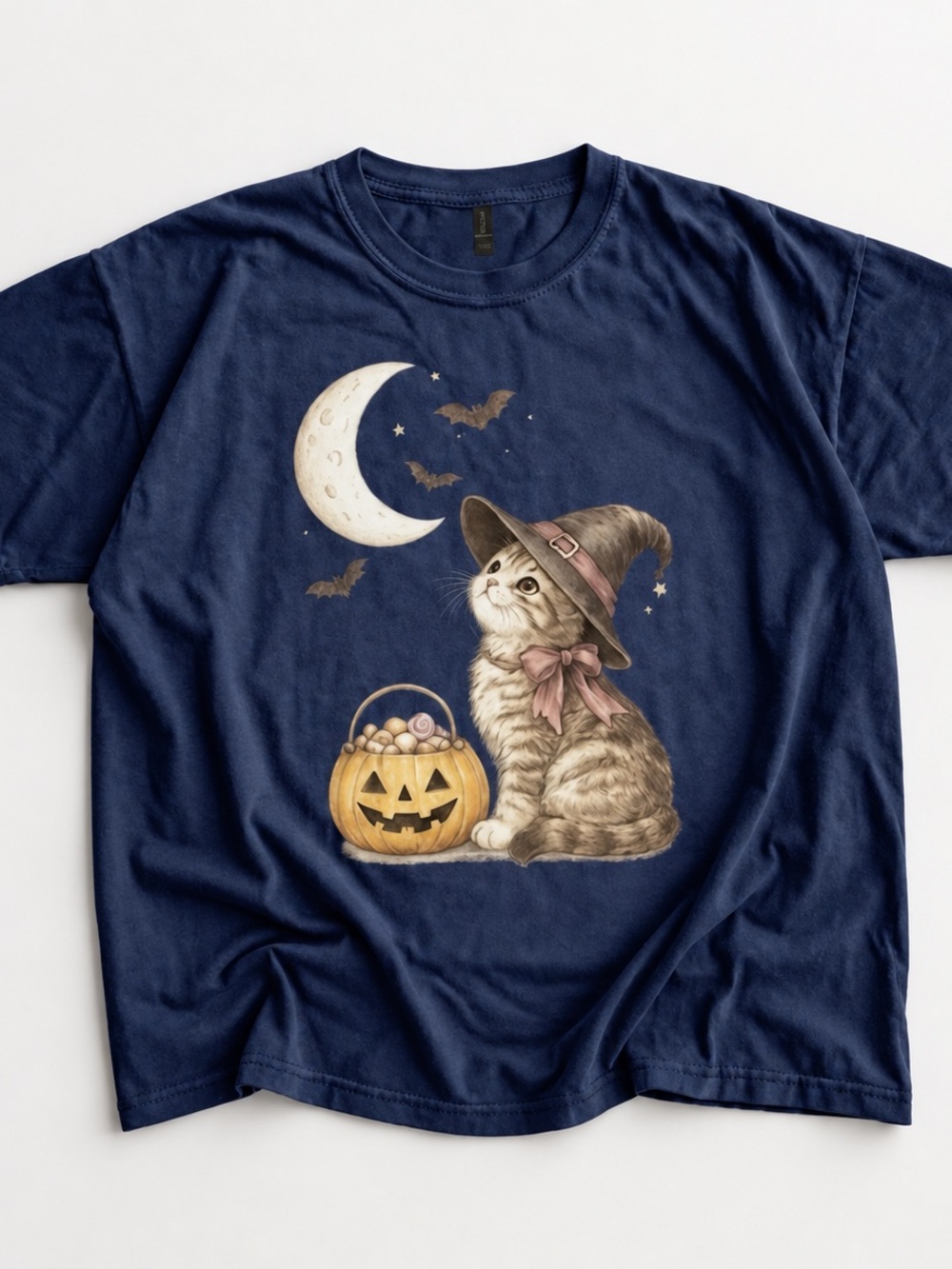 Witch Cat & Jack-o'-Lantern Halloween Graphic Tee – Navy (Gildan Reprint)